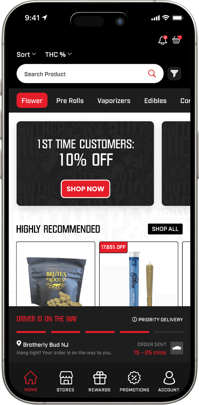 Dispensary app home screen with a live driver-on-the-way delivery banner