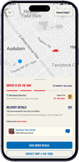 Live delivery tracking map with driver ETA and delivery details