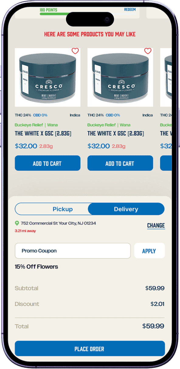 Cart screen with delivery selected and the delivery address confirmed