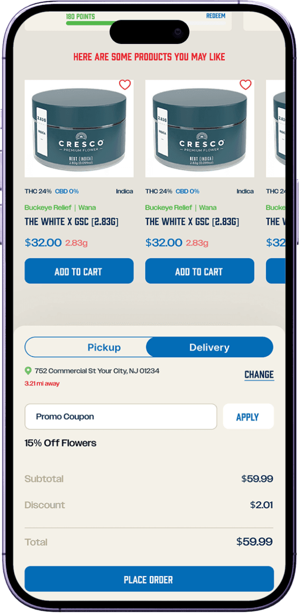 Cart screen with delivery selected and the delivery address confirmed