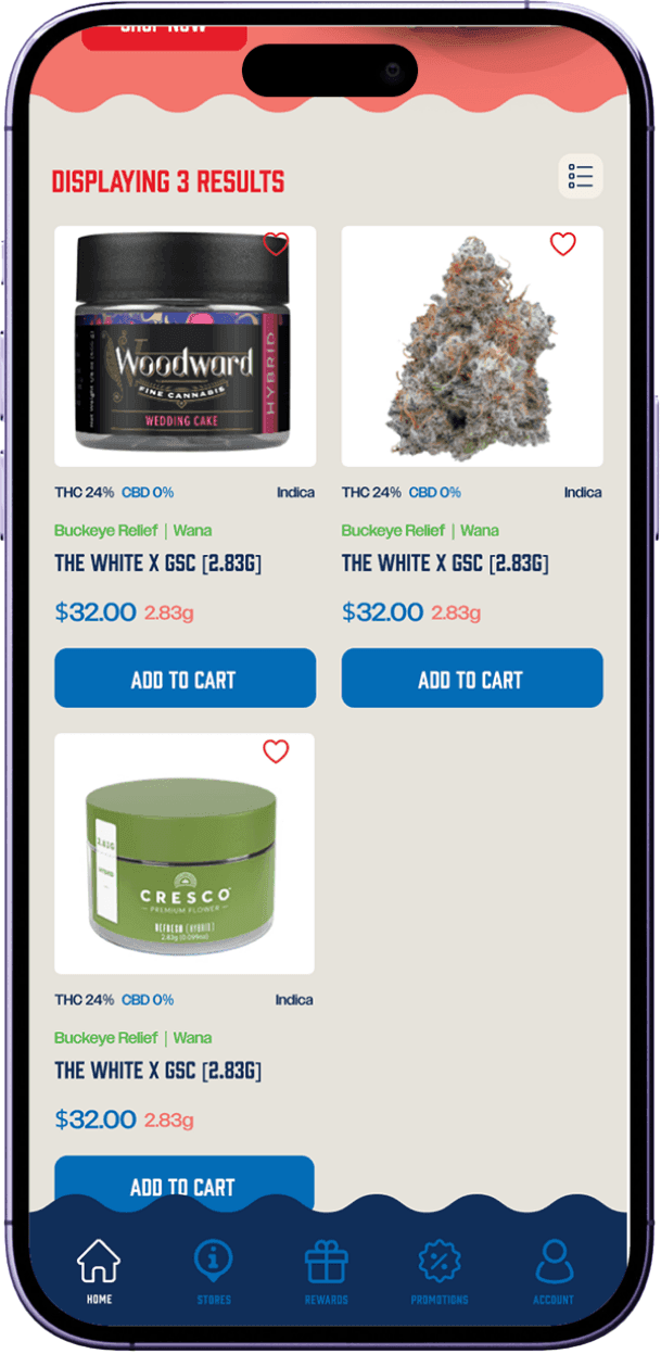 Dispensary app product menu with add to cart buttons