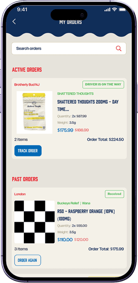 My Orders screen showing an active order with the driver on the way